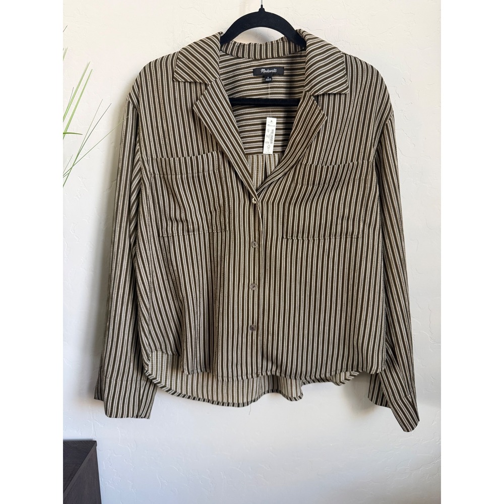Madewell Resort Long Sleeve Striped Seersucker Shirt Dark Olive Small NWT.